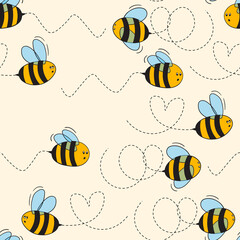 Seamless pattern with bees on color background. Small wasp. Vector illustration. Adorable cartoon character. Template design for invitation, cards, textile, fabric. Doodle style