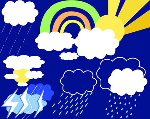 Sky in different weather. Cloud sunny, thunderstorm, rainy weather rain, rainbow after rain, sun, clouds. Vector graphics 