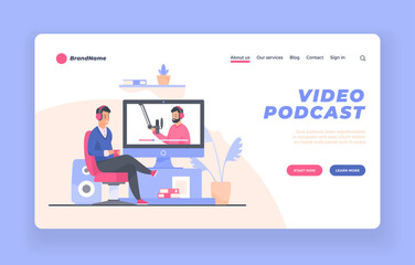 Video podcast viewer landing page website banner or poster template. Young man sitting in chair with headphones and watching video podcast recording on large monitor