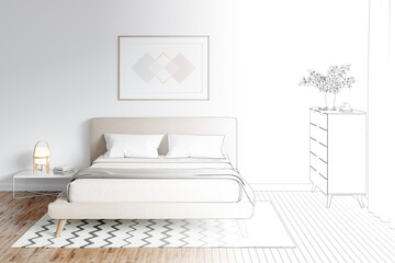 The sketch becomes a real bedroom with a horizontal poster over the headboard, vases of flowers on the chest of drawers by the window, a wooden-framed lamp on the bedside table by the bed. 3d render