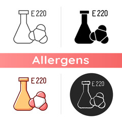 Sulphites icon. Chemical formula. Food additives as common cause of allergic reaction. Dangerous allergen. Scientific formula. Linear black and RGB color styles. Isolated vector illustrations