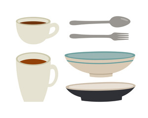Vector illustration of two cups, two plates, spoon, and knife, isolated on white. Hand-drawn illustration in flat style.Suitable for illustrating cooking, recipes, healthy eating.