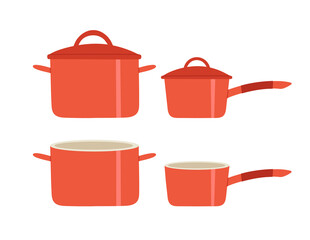 Vector illustration of red pans, in open and closed form, isolated on white. Concept of cooking and healthy eating. Kitchen utensils. Hand-drawn set in flat style.