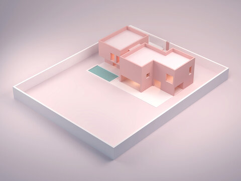 Pink background architecture scene.  Minimal design pink house. Housing model with a swimming pool.  Elegant architectural illustration for advertising or presentations. 3d render.