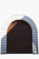 Italian old gate to the church, isolate on a white background. Dark brown ancient gate on a white background. Antique Italian doors.