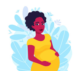 Obraz na płótnie Canvas A pregnant woman holding her belly by her hands. A mother awaiting a baby. Floral background. A vector cartoon illustration. 