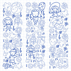Kindergarten pattern with little children and toys. Creativity and imagination.