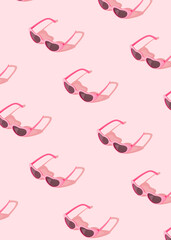 Creative pattern made of pink sunglasses with sunlight shadow on pastel pink background. Minimal summer concept.