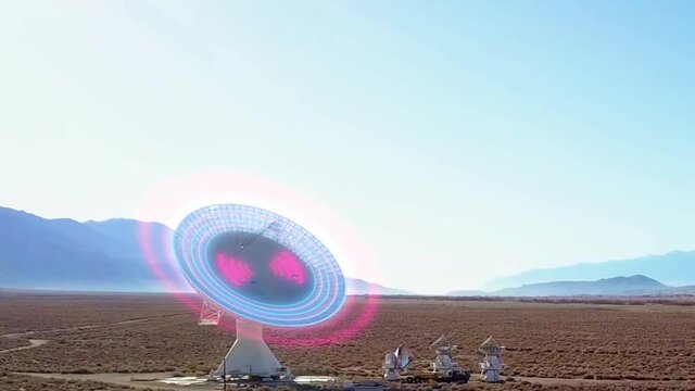 Space Antenna, receiving signals to 5G satellite - 3d render - Aerial drone view