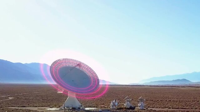 Large Radar dish, sending distribution signals to the Space - 3d graphic animation