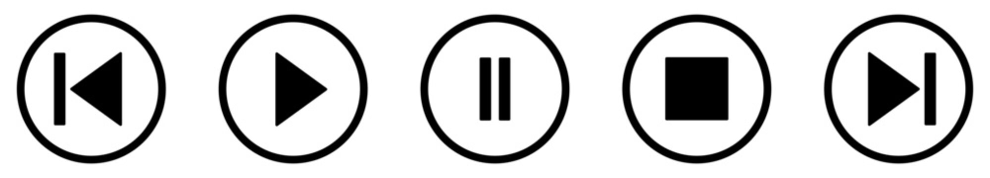 Play, stop and pause buttons. Set of black audio buttons. Vector illustration.