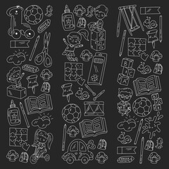 Kindergarten pattern with little children and toys. Creativity and imagination.