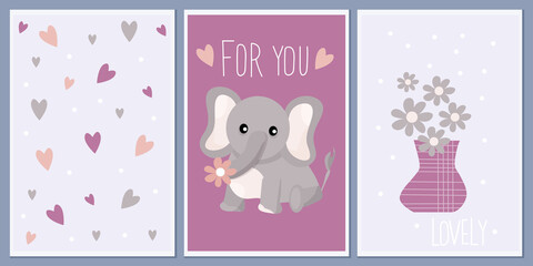 Set of templates for greeting cards and party invitations with animals. Cute elephant. Background child prints. Design vector abstract wall posters with welcome messages. pastel colors