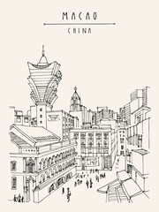 Obraz premium Vector Macao postcard. Upper view of old town. Macau (Macao), China, Asia is a gambling capital. Traditional Portuguese buildings, skyscrapers, casinos. Vintage hand drawn postcard