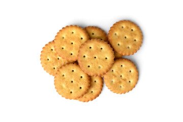 Heap of salt crackers isolated on white background. Top view.