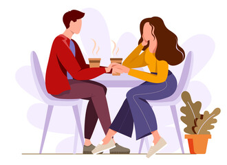 Young couple in love drinking coffee or tea at a cafe. Happy man and woman spending time together in a coffee shop. Yoong people resting and enjoying on romantic date . Flat vector illustration 