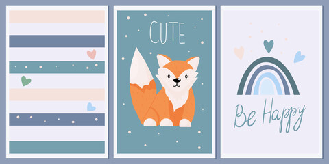 Set of templates for greeting cards and party invitations with animals. Cute fox. Background child prints. Design vector abstract wall posters with welcome messages. pastel colors