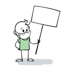 Stickman with medical mask holding a sign for the inscription. Cute stick figure person with a empty poster for your text. Cartoon stickman showing or offering something. Medicine concept.Vector EPS10