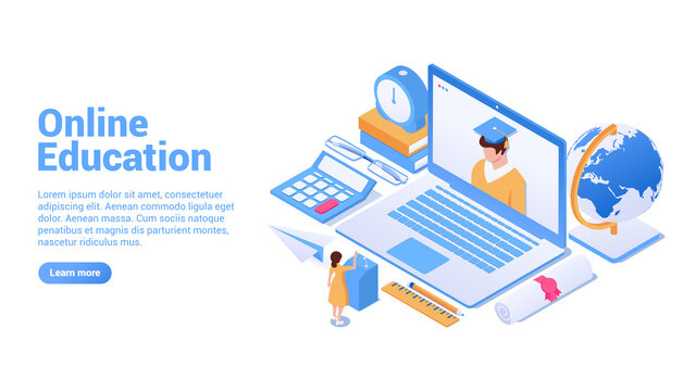 Online education concept. landing page or web banner concept. Distant education for everyone, online learning, internet courses. Vector isometric illustration. Isolated on white background.