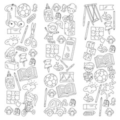 Kindergarten pattern with little children and toys. Creativity and imagination.