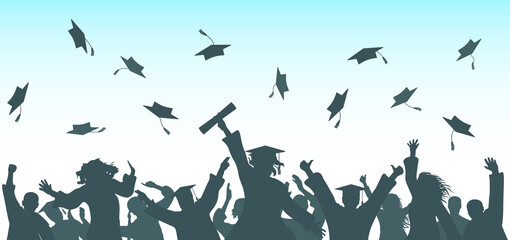 Graduation. Cheerful graduate students throwing academic caps, silhouette. Crowd of people. Vector illustration.