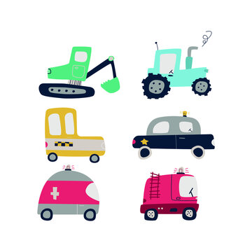flat cartoon cars vector set isolated on white background. Excavator, police car, ambulance, tractor, fire truck, taxi, ambulance.