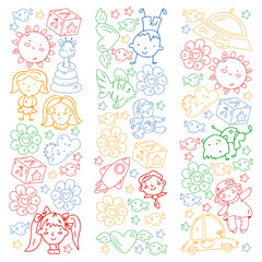 Vector pattern with boys and girls. Kindergarten and toys. Happy childhood and creativity with imagitanion.