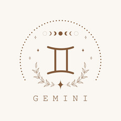 Gemini. Zodiac sign in boho style. Astrological icon isolated on white background. Mystery and esoteric. Horoscope logo vector illustration. Spiritual tarot card.