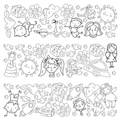 Vector pattern with boys and girls. Kindergarten and toys. Happy childhood and creativity with imagitanion.