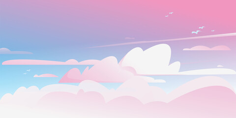 Fototapeta na wymiar Sunrise in the Cloudy Sky. Vector color horizontal background of cloudy sky. Fantastically fantastically beautiful. Pink to blue gradient and clouds clipart