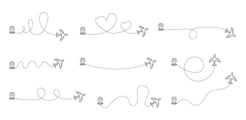 Airplane line path travel line icons.Airplane track to point.Airplane path in dotted line shape. Plane way icon set. Travel and adventure concept. Adventure tourism. Travel line vector icon. Location