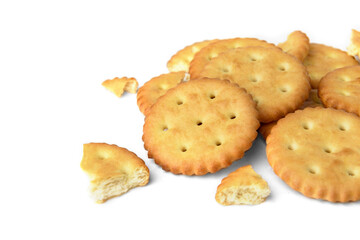 Heap of broken crackers isolated on white background.