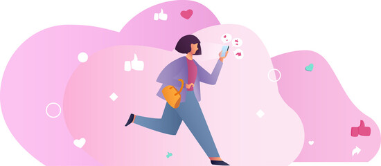 Young woman running for social media like notifications. Girl addicted to social media and online feedback. Addiction to internet friendship platform . Vector illustration in flat cartoon style.