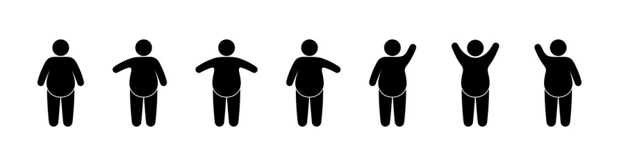 icon fat man engaged in fitness, stick man symbol obesity, pictogram gymnastics for weight loss
