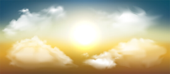 Naklejka na ściany i meble Realistic shining sun with lens flare. Blue sky with clouds background. Vector illustration.
