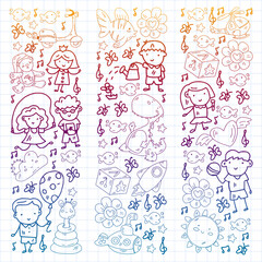 Vector pattern with boys and girls. Kindergarten and toys. Happy childhood and creativity with imagitanion.