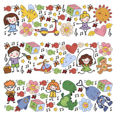 Vector pattern with boys and girls. Kindergarten and toys. Happy childhood and creativity with imagitanion.