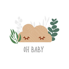 Eco wooden toy cloud with eucalyptus leaves, cute kids card, poster, flyer. Neutral colors illustration isolated on white. Vector