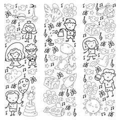 Naklejka premium Vector pattern with boys and girls. Kindergarten and toys. Happy childhood and creativity with imagitanion.