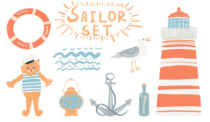 Funny and cartoon nautical elements with lettering. Isolated objects on white background