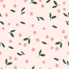 Seamless Pattern Pink Berries and Leaves for Design Vector Illustration