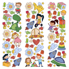 Vector pattern with boys and girls. Kindergarten and toys. Happy childhood and creativity with imagitanion.