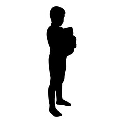 Silhouette boy hugs pillow arm child holds cushion hugging hands preschool hug cute brother standing son stand children happy kid going to bed person bedtime concept sleep snuggle idea view side 
