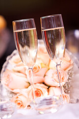 Wedding, bride and groom with champagne