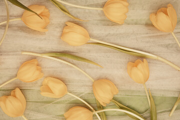 Background with tulle and flowers for wedding cards. Boho background for weddings 