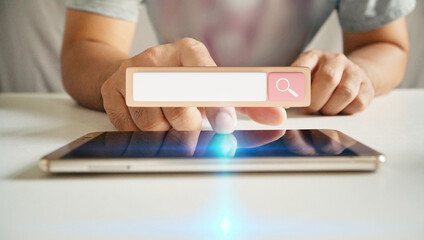 Young man using smartphone searching data on internet. 3d rendering