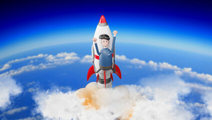 man flying on a rocket. Start up business concept, Cartoon character. 3d rendering