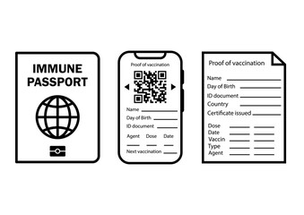 Immune passport. Digital and paper document for safe traveling or shoping. Checking immunization against diseases and the concept of introducing a vaccination passport or immunity