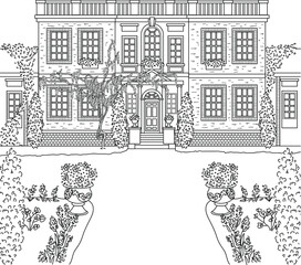 Classicism building line art, Retro brick house coloring page, House and flowers hand-drawn illustration vector