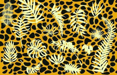 Beautiful tropical leaves on the background of a leopard texture. Isolated from the background. Vector craft
